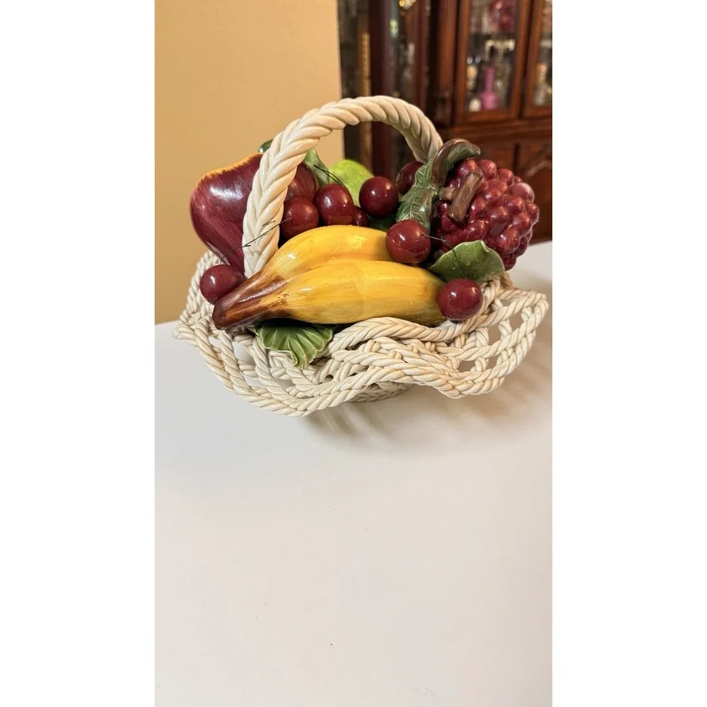 Vintage Italian Style Ceramic Fruit Basket Woven Lattice Centerpiece Decor‎